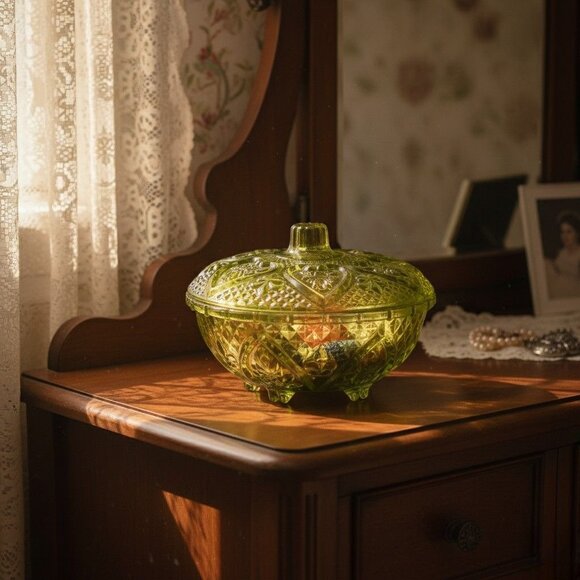 Green Depression Glass Lidded Candy Dish With Intricate Embossed Pattern - Picture 2 of 8